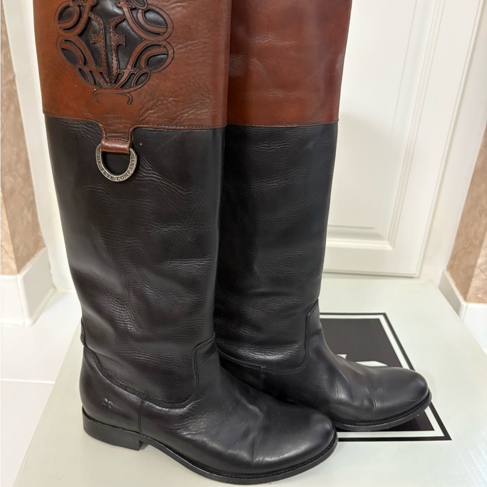 Frye Melissa Logo Black and Brown Leather Boots